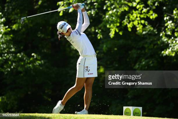 Mi Hyang Lee of South Korea watches her tee shot on the seventh hole during the first round of the LPGA Volvik Championship on May 24, 2018 at Travis...