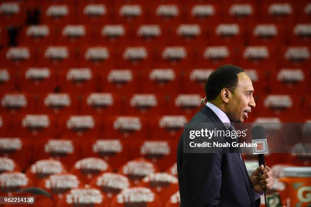 Stephen A. Smith looks on prior to Game Five of the Western Conference Finals during the 2018 NBA Playoffs between the Golden State Warriors and...