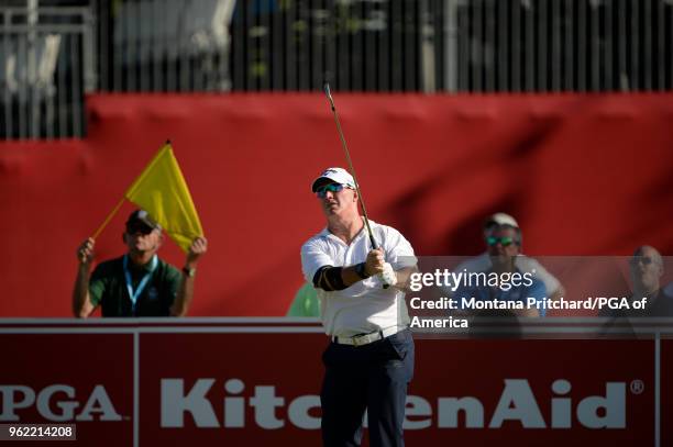 Peter Lonard of Australia hits his tee shot on the 17th hole during Round One for the 79th KitchenAid Senior PGA Championship held at Harbor Shores...