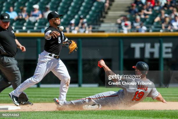 Chicago White Sox second baseman Yolmer Sanchez tags out Baltimore Orioles first baseman Chris Davis and throws to Chicago White Sox first baseman...