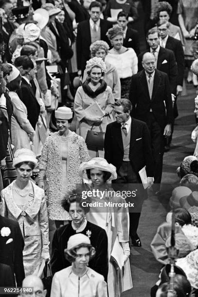 The wedding of Princess Alexandra of Kent and Angus Ogilvy at Westminster Abbey. Guests including Princes Margaret and Lord Snowdon, 24th April 1963.