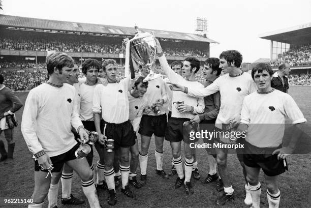 Watney Cup Final, Derby County v Manchester United. Final score 4-1 to Derby County. Some of the Derby County players pictured with the Watney Cup...