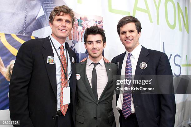 Anthony Shriver, Joe Jonas, and Timothy Shriver pose for a photo during the Eunice Kennedy Shriver Act support reception at the Hart Building on...