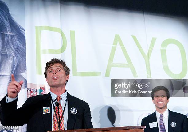 Anthony Shriver and Timothy Shriver speak during the Eunice Kennedy Shriver Act support reception at the Hart Building on January 27, 2010 in...