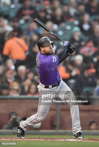 Noel Cuevas of the Colorado Rockies bats against the San Francisco Giants in the top of the second inning at AT&T Park on May 18, 2018 in San...