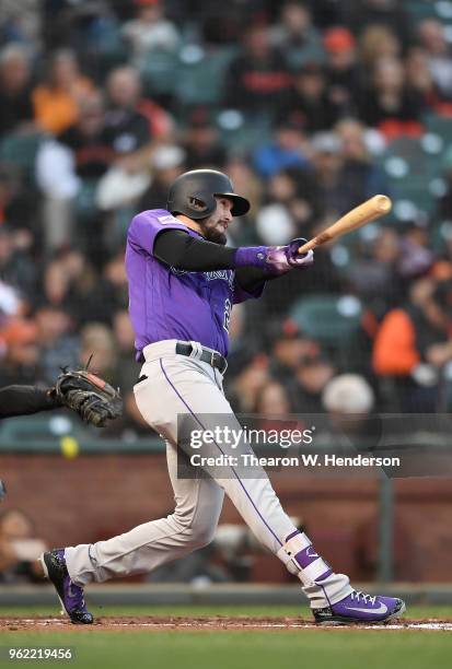 David Dahl of the Colorado Rockies bats against the San Francisco Giants in the top of the second inning at AT&T Park on May 18, 2018 in San...