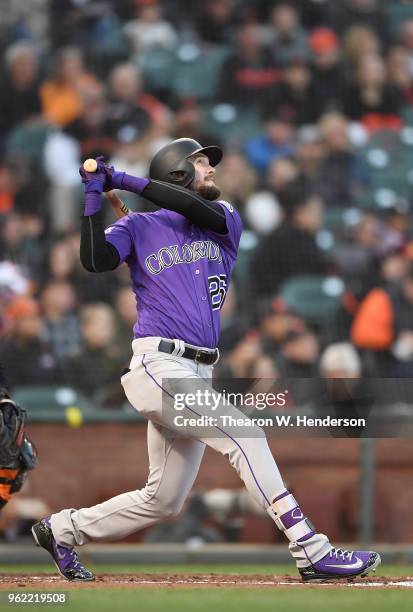 David Dahl of the Colorado Rockies bats against the San Francisco Giants in the top of the second inning at AT&T Park on May 18, 2018 in San...