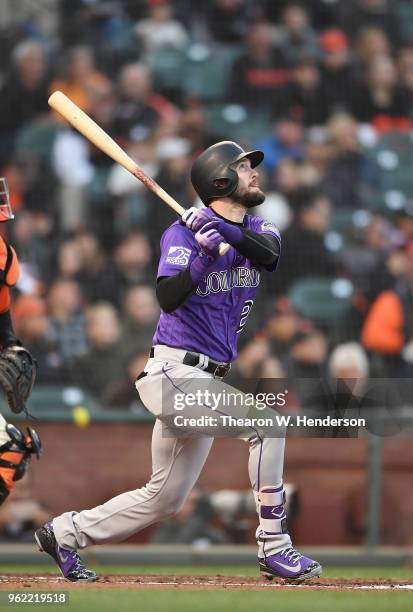 David Dahl of the Colorado Rockies bats against the San Francisco Giants in the top of the second inning at AT&T Park on May 18, 2018 in San...