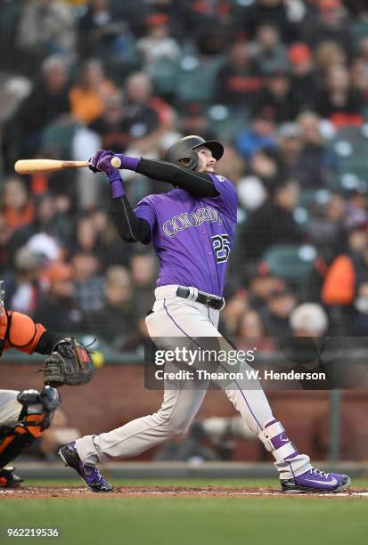 David Dahl of the Colorado Rockies bats against the San Francisco Giants in the top of the second inning at AT&T Park on May 18, 2018 in San...