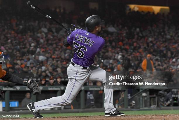 Noel Cuevas of the Colorado Rockies bats against the San Francisco Giants in the top of the six inning at AT&T Park on May 18, 2018 in San Francisco,...