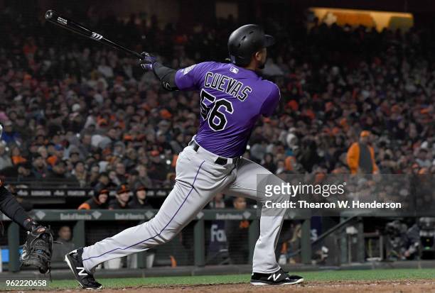 Noel Cuevas of the Colorado Rockies bats against the San Francisco Giants in the top of the six inning at AT&T Park on May 18, 2018 in San Francisco,...