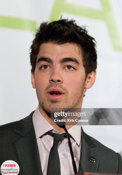 Singer Joe Jonas of the Jonas Brothers speaks during the Eunice Kennedy Shriver Act support reception at the Hart Building on January 27, 2010 in...