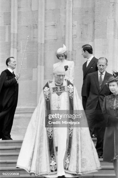The Royal family pictured at St George's Chapel, Windsor, after the Church service. Diana, Princess of Wales, Charles, Prince of Wales, Prince Philip...