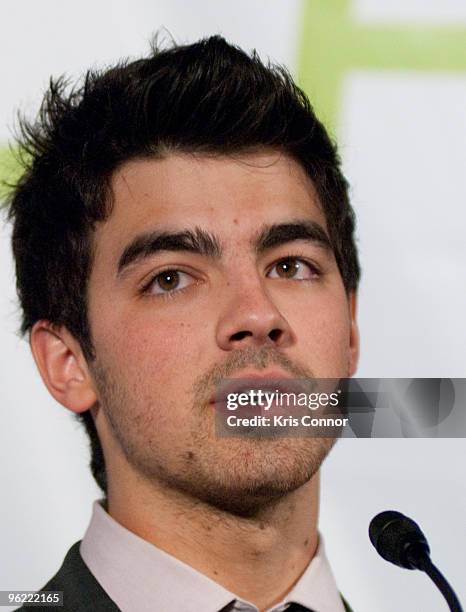 Singer Joe Jonas of the Jonas Brothers speaks during the Eunice Kennedy Shriver Act support reception at the Hart Building on January 27, 2010 in...