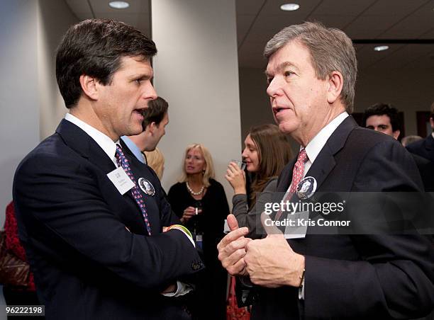 Timothy Shriver speaks with Rep. Roy Blunt before the Eunice Kennedy Shriver Act support reception at the Hart Building on January 27, 2010 in...