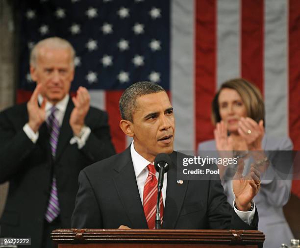 President Barack Obama delivers his first State of the Union speech to a joint session of the U.S. Congress on Capitol Hill as Vice President Joe...