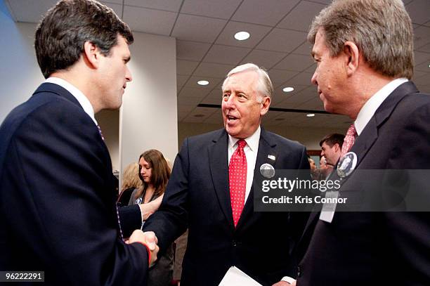 Timothy Shriver speaks with Rep. Steny Hoyer and Rep. Roy Blunt before the Eunice Kennedy Shriver Act support reception at the Hart Building on...