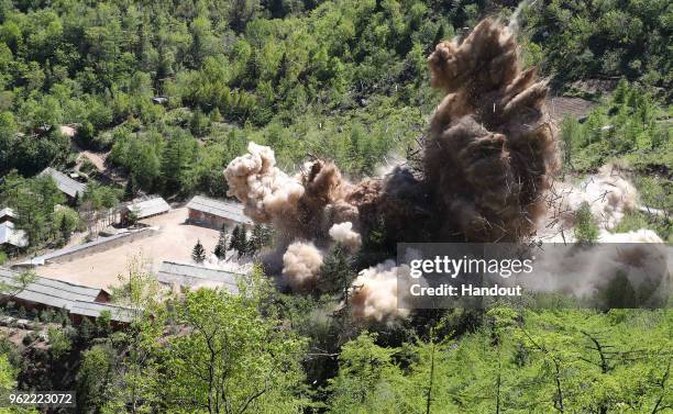 In this handout image provided by the News1-Dong-A Ilbo, the Punggye-ri nuclear test site is demolished on May 24, 2018 in Punggye-ri, North Korea....