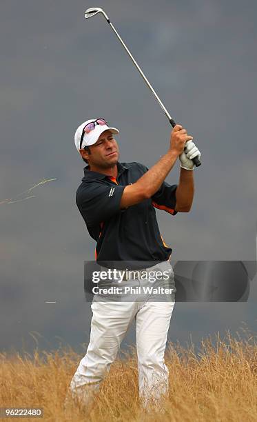 Terry Pilkadaris of Australia plays out of the rough on the 18th hole during day one of the New Zealand Open at The Hills Golf Club on January 28,...