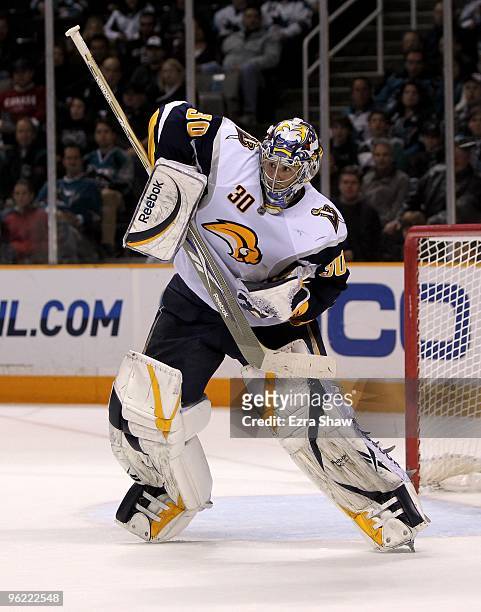 Ryan Miller of the Buffalo Sabres in action during their game against the San Jose Sharks at HP Pavilion on January 23, 2010 in San Jose, California.