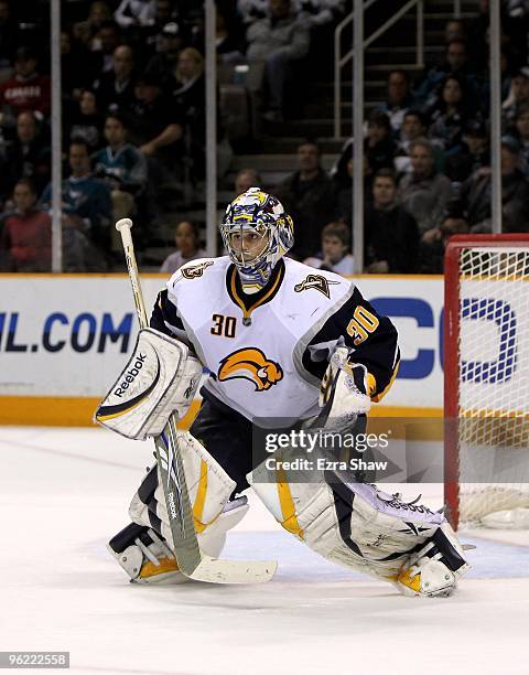 Ryan Miller of the Buffalo Sabres in action during their game against the San Jose Sharks at HP Pavilion on January 23, 2010 in San Jose, California.