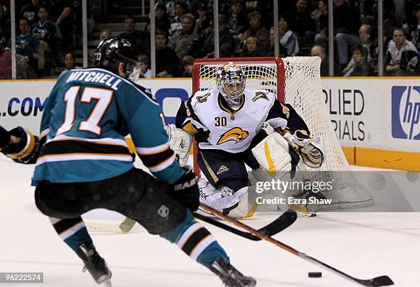 Ryan Miller of the Buffalo Sabres in action during their game against the San Jose Sharks at HP Pavilion on January 23, 2010 in San Jose, California.