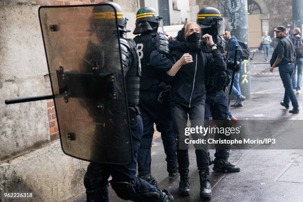 Clashes erupt between the leading cortege of Black Block and the police at the demonstration of civil servants in defense of the public service on...