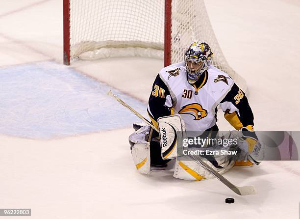 Ryan Miller of the Buffalo Sabres in action during their game against the San Jose Sharks at HP Pavilion on January 23, 2010 in San Jose, California.