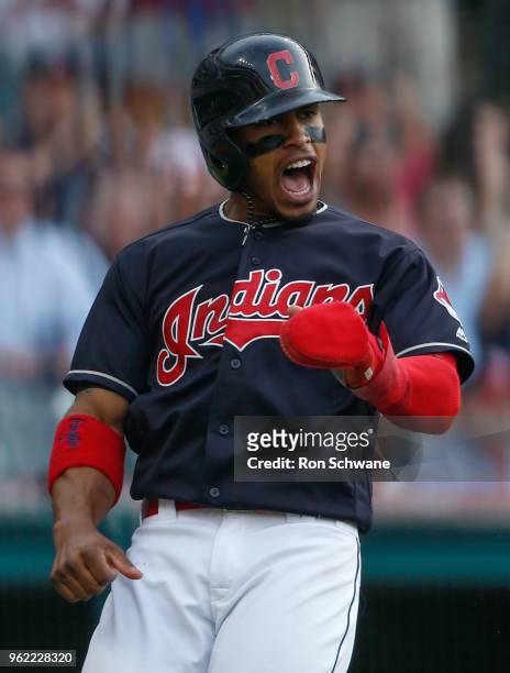 Francisco Lindor of the Cleveland Indians celebrates after scoring on a single by Michael Brantley against the Houston Astros during the third inning...