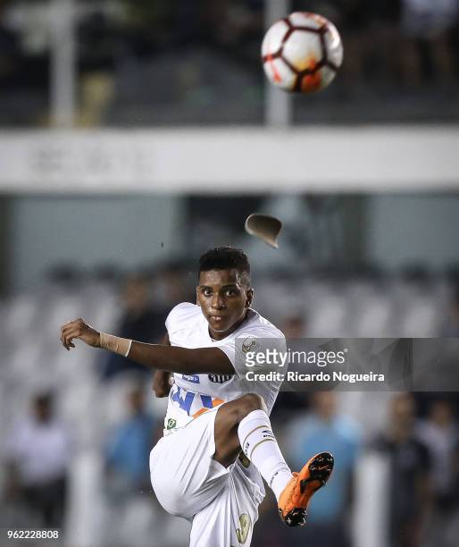 Rodrygo of Santos kick to the goal and his shin guard escapes by his sock during the match between Santos and Real Garcilaso as a part of Copa...