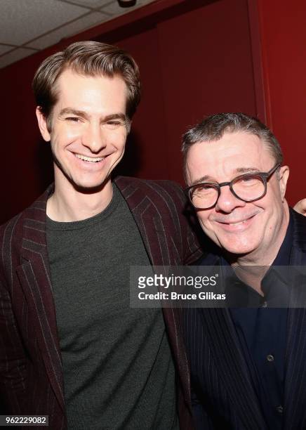 Best Actor in a Play Andrew Garfield and Best Supporting Actor in a Play Nathan Lane pose at the 2018 Outer Critics Circle Awards at Sardi's on May...
