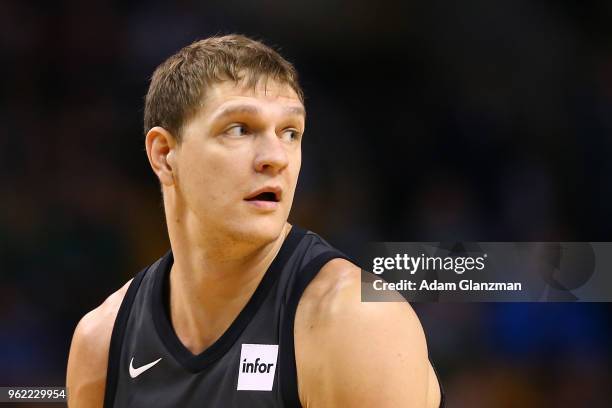 Timofey Mozgov of the Brooklyn Nets looks on during a game against the Boston Celtics at TD Garden on April 11, 2018 in Boston, Massachusetts. NOTE...