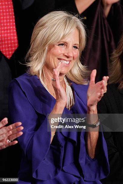 Dr. Jill Biden looks on during U.S. President Barack Obama speech to both houses of Congress during his first State of the Union address at the U.S....