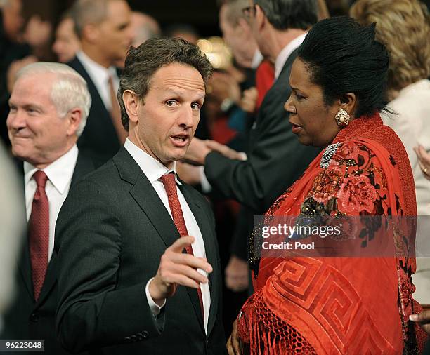 Treasury Secretary Timothy Geithner and U.S. Rep. Sheila Jackson Lee talk before U.S. President Barack Obama's first State of the Union speech to a...