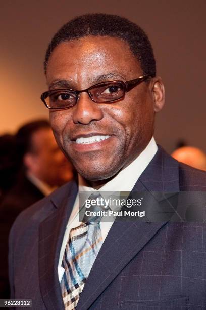 Ten-time Olympic medalist Carl Lewis attends the Eunice Kennedy Shriver Act support reception at the Hart Building on January 27, 2010 in Washington,...