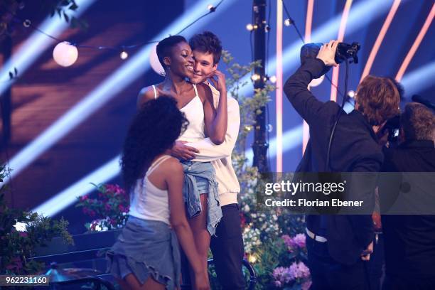 Julianna Townsend, Oluwatoniloba Dreher-Adenuga , Wincent Weiss and Rankin during the Germany's Next Topmodel Finals at ISS Dome on May 24, 2018 in...
