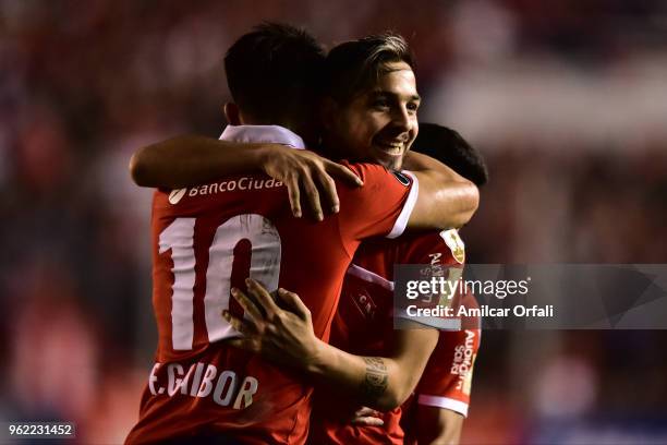 Martin Benitez of Independiente celebrates with teammate Fernando Gaibor after scoring the opening goal during a match between Independiente and...