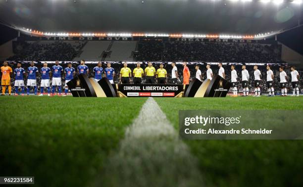 Players of Corinthians of Brazil and of Milionarios of Colombia stand for the national anthen before the match for the Copa CONMEBOL Libertadores...