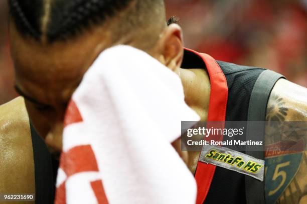 Gerald Green of the Houston Rockets wears a wears a Santa Fe High School strip on his jersey as part of a tribute to honor the victims of the May...