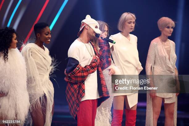 Julianna Townsend, , Oluwatoniloba Dreher-Adenuga and Cro during the Germany's Next Topmodel Finals at ISS Dome on May 24, 2018 in Duesseldorf,...