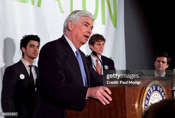 Sen. Chris Dodd says a few words to the audience at the Eunice Kennedy Shriver Act support reception at the Hart Building on January 27, 2010 in...