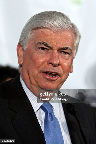 Sen. Chris Dodd says a few words to the audience at the Eunice Kennedy Shriver Act support reception at the Hart Building on January 27, 2010 in...