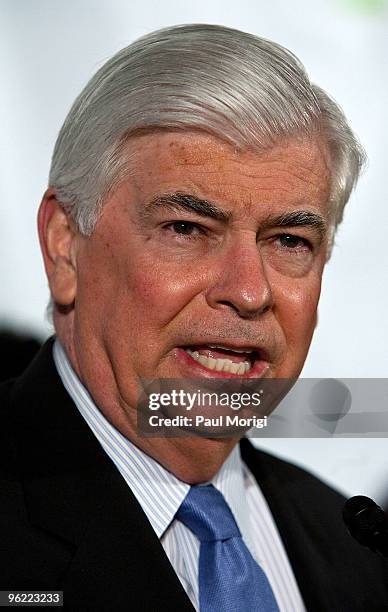 Sen. Chris Dodd says a few words to the audience at the Eunice Kennedy Shriver Act support reception at the Hart Building on January 27, 2010 in...