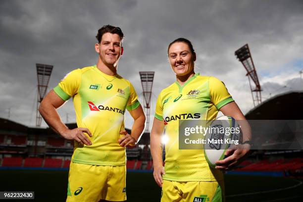Australian Sevens players Simon Kennewell and Sharni Williams pose during the Australian Rugby Sydney Sevens announcement at Spotless Stadium on May...