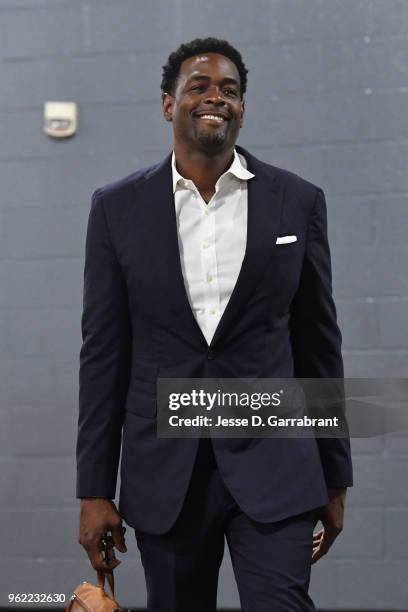 Chris Webber arrives before the game between the Golden State Warriors and the Houston Rockets during Game Five of the Western Conference Finals of...