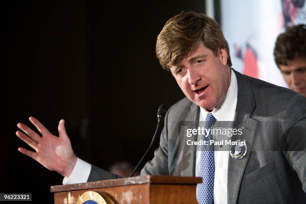 Rep. Patrick Kennedy says a few words to the audience at the Eunice Kennedy Shriver Act support reception at the Hart Building on January 27, 2010 in...