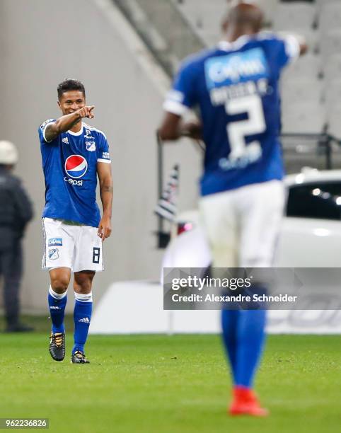 Cesar Carrillo of Milionarios of Colombia in celebrates after scoring their first goal during the match against Corinthians for the Copa CONMEBOL...