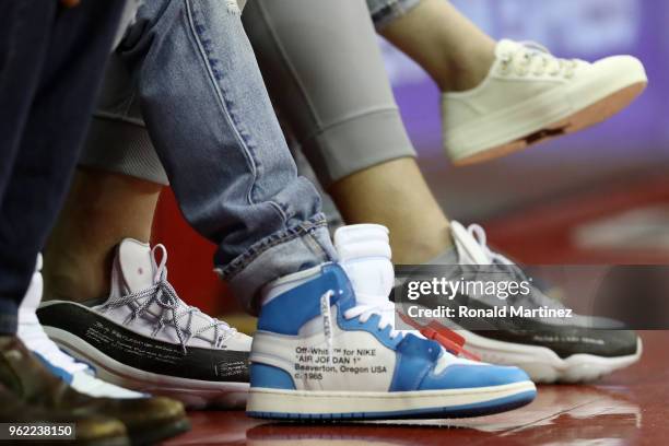 Shoe detail as music artist Justin Timberlake and NFL player J. J. Watt of the Houston Texans attend Game Five of the Western Conference Finals of...