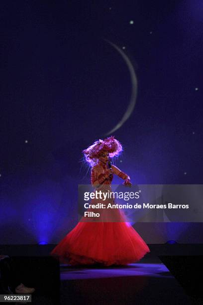 Singer Arielle Dombasle performs during the Jean-Paul Gaultier Haute-Couture show as part of Paris Fashion Week Spring/Summer 2010 on January 27,...