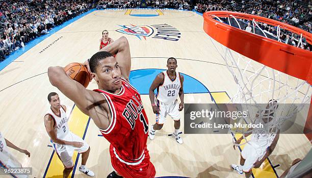 Derrick Rose of the Chicago Bulls slam dunks the ball on the Oklahoma City Thunder on January 27, 2010 at the Ford Center in Oklahoma City, Oklahoma....